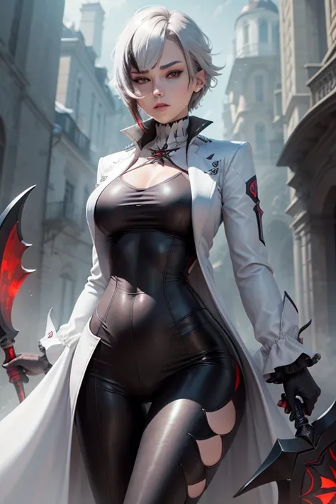 woman, in her twienties, short hair, proportional hands, arlecchino anime eyes, perfect body, white coat, wearing black leggings...