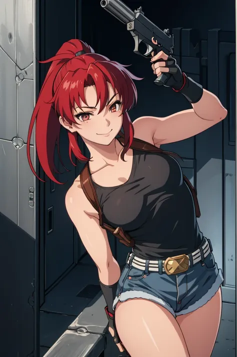 1girl, cute, sexy, red hair, cowboy shot, solo, revy, evil smile, holding gun, handgun, pistol, ponytail, tank top, fingerless g...