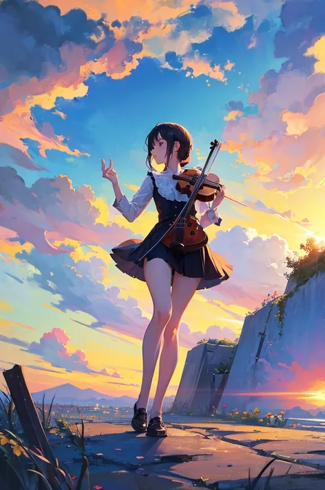 girl playing violin under a mystical sky