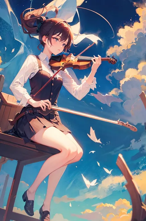 girl playing violin under a mystical sky