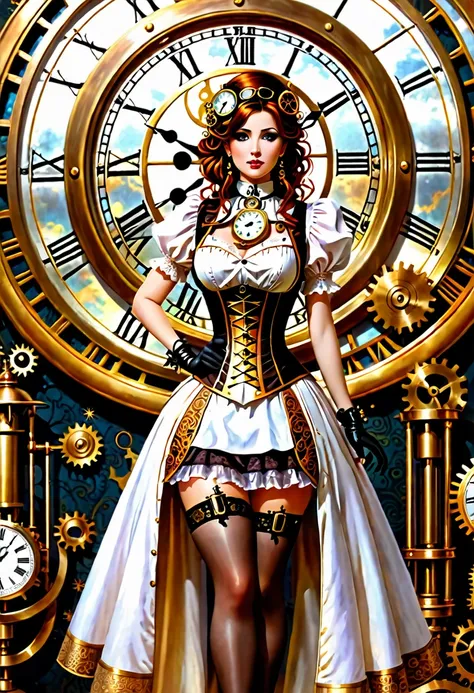 arafed woman in a dress and a clock in the background, clockwork woman, a steampunk beautiful goddess, steampunk aesthetic, golden steampunk, steampunk fantasy style, digital steampunk art, goddess of time, steampunk digital art, steampunk fiction, clockpu...