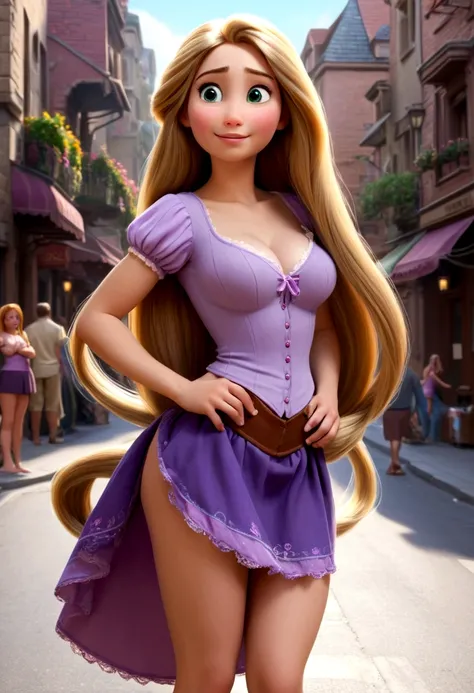  Rapunzel Long hair standing on the street, skirt raised, no panties Disney naked princess completely without clothes Big beautiful breasts, pussy visible