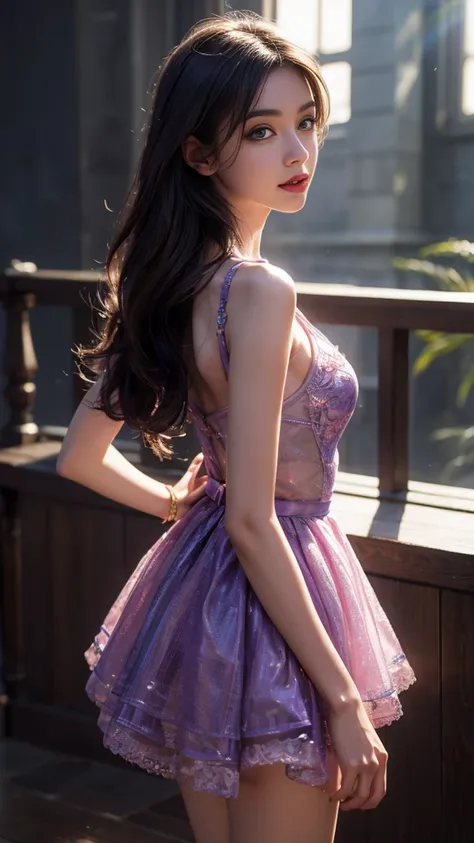 8K, UHD, MAsterpiece, best quality, 1 girl, (realistic face), happy pace, very long hair, small breasts, short clothing, very beautiful ornaments dress, purple color, lace, mesh clothing, sardine, loops, in the balcony, ipllers, depth of field, cinematic l...