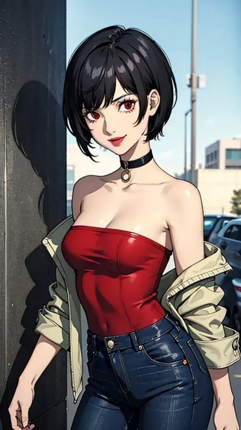 1 girl, Red eyes, very Short hair, black choker, lipstick, cowboy shot, smile, black hair, female , tomboy Pixie haircut, bandeau, jacket, jeans, cowboy shot