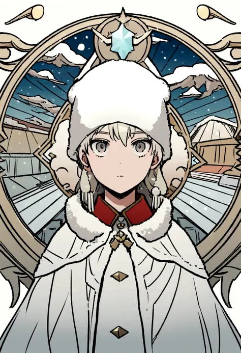 flat illustration, garoto bonito ( neji Hyuga), cabelo castanhos longo e liso, vestindo jaqueta de inverno elegante, cachecol, gorro de inverno com branco, pele clara, olhando para o espectador, ao ar livre, inverno frio, neve, tempo frio, montanhas, nuven...