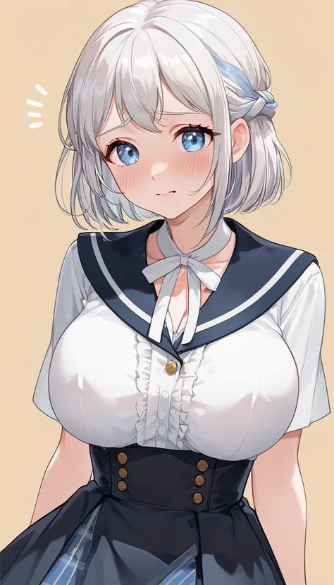 16k,1girl, katsuragi lilja,blue eyes,white hair,short hair,braid,,sailor collar,neck ribbon, white shirt,layered skirt,high-waist skirt,looking view,blush,embarrassed,((((big breast))),((Big Tits))),(The chest is open),cleavege,breast focus,NSFW,beautiful ...