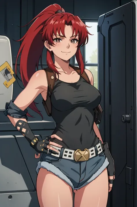 1girl, cute, sexy, red hair, cowboy shot, solo, revy, evil smile, holding gun, handgun, pistol, ponytail, tank top, fingerless gloves, denim shorts, holster, belt, newest