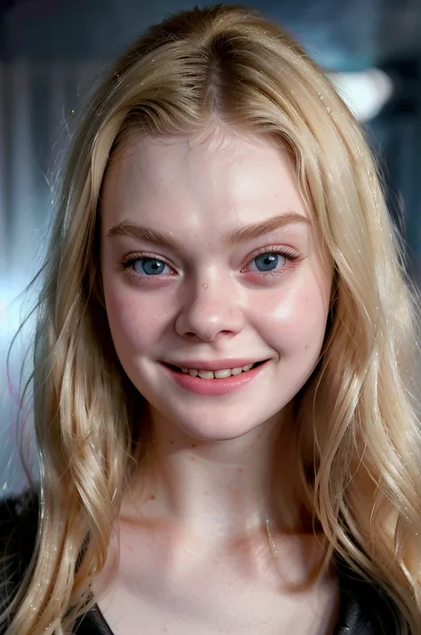 portret of elle fanning. Dark background, bright light up front, detailed face, face tilted to the left, cute smile, blonde hair, even lighting, softbox, soft shadows, bright light lighting her face, looking to the left:1.7