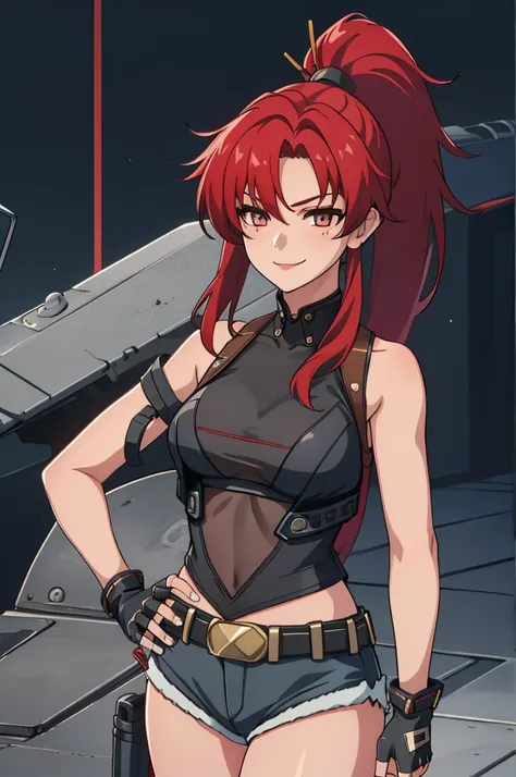 1girl, cute, sexy, red hair, cowboy shot, solo, revy, evil smile, holding gun, handgun, pistol, ponytail, tank top, fingerless g...