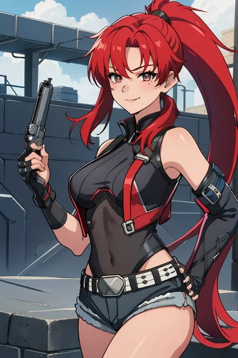 1girl, cute, sexy, red hair, cowboy shot, solo, revy, evil smile, holding gun, handgun, pistol, ponytail, tank top, fingerless gloves, denim shorts, holster, belt, newest