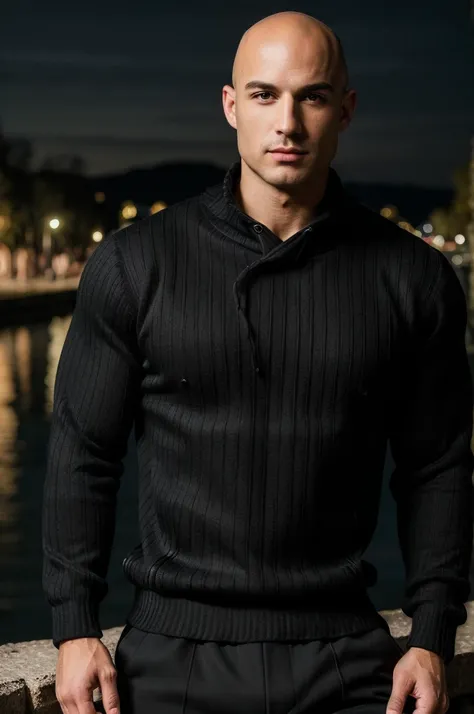 ((8k ((best quality)), ((masterpiece)), (very detailed), real face bald male muscular male full body wear black pullover by river at night