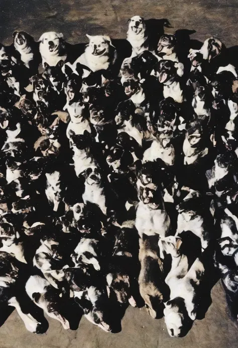 group of dogs heads with white spikes and giant teeth