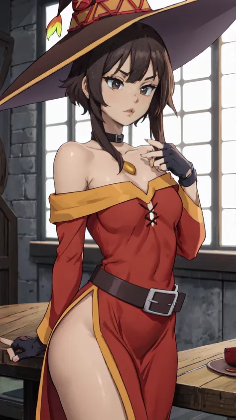 Artgerm, table, Best quality, extremely detailed, table, Best quality, Megumin, 1 girl in, bare shoulders, beautiful buttocks, стоит опершись о table, nude, very sexy, Black e.g, black gloves, black hair, e.g, necklace, clavicle, dress, hair between eyes, ...