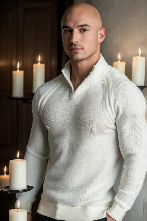 ((8k ((best quality)), ((masterpiece)), (very detailed), real face bald male muscular male full body wear pullover by white wall with candles