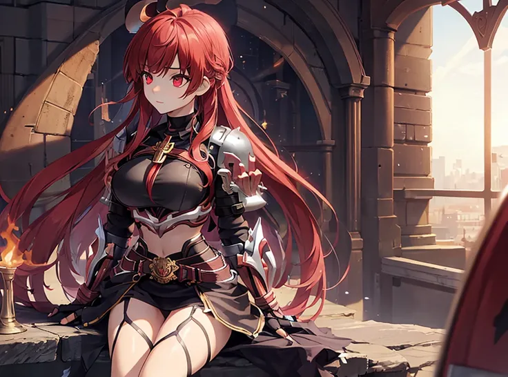 score_9, score_8_up, score_7_up, score_6_up, score_5_up, score_4_up, source_anime, tomboy girl, long hair, Bust Cup B , open-chest outfit, Guillotine Cross Set, breastplate, waist armor, Armor, red hair, red eyes, Sparkling eyes, sit, Mobile gaming mouse, ...