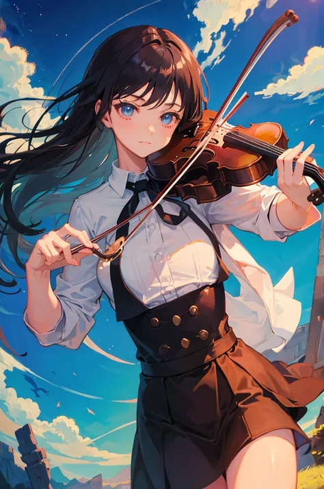 girl playing violin under a mystical sky