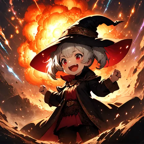 1girl,shantotto,final fantasy,Intricate details,Wide range of colors,artwork,rendering,Little,Laughing out loud,Silver Hair,,Magic Effects,Create artistic backgrounds,Meteor,a meteorite is falling,explosion,Decadent,This  is a very scary witch