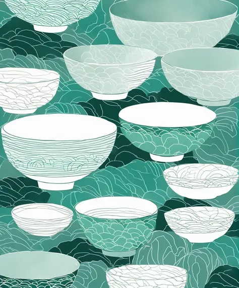 Photo close-up of 4 bowls, Minimalist illustration, The outline of the bowl is clear,Teal Bowl，Paint texture，Sketch sense，Prominent texture，Chinese style，Tea pattern bowl，((Solid color background))，((Clear edges))，Illustration style，Pop surrealism，painting...