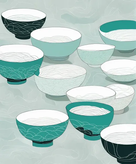 Photo close-up of 4 bowls, Minimalist illustration, The outline of the bowl is clear,Teal Bowl，Paint texture，Sketch sense，Prominent texture，Chinese style，Tea pattern bowl，((Solid color background))，((Clear edges))，Illustration style，Pop surrealism，painting...