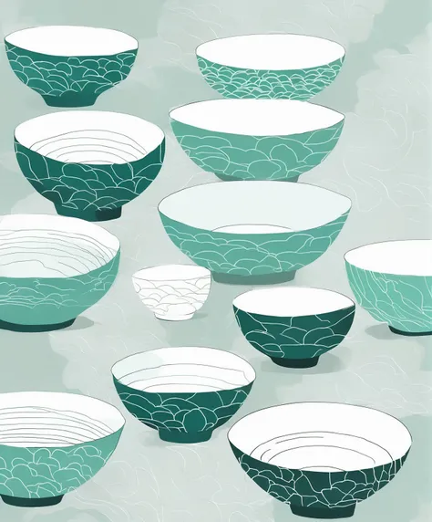 Photo close-up of 4 bowls, Minimalist illustration, The outline of the bowl is clear,Teal Bowl，Paint texture，Sketch sense，Prominent texture，Chinese style，Tea pattern bowl，((Solid color background))，((Clear edges))，Illustration style，Pop surrealism，painting...