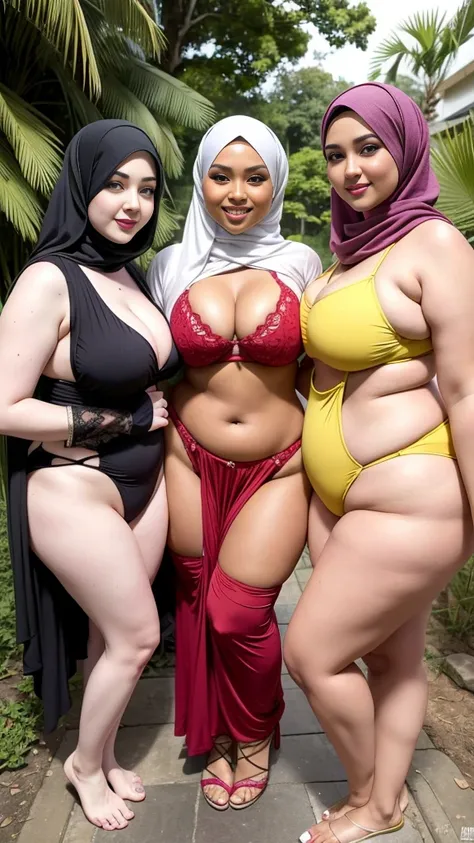 3beautiful women  smile hijab  ,eropan, asia ,body thick,sexy model,bbw body,curve body,paha besar, memakai bikini, motif bunga merah pingk kuning hijau emas silver ungu oren  sedang jalan di kolam taman air terjun pelangi 