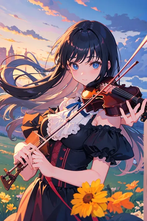 girl playing violin under a mystical sky