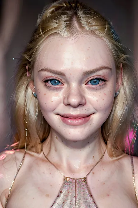 portret of elle fanning. Dark background, bright light up front, detailed face, ((face tilted to the left:1.6)), cute smile, blonde hair, even lighting, softbox, soft shadows, bright light lighting her face, ((looking to the left:1.7))