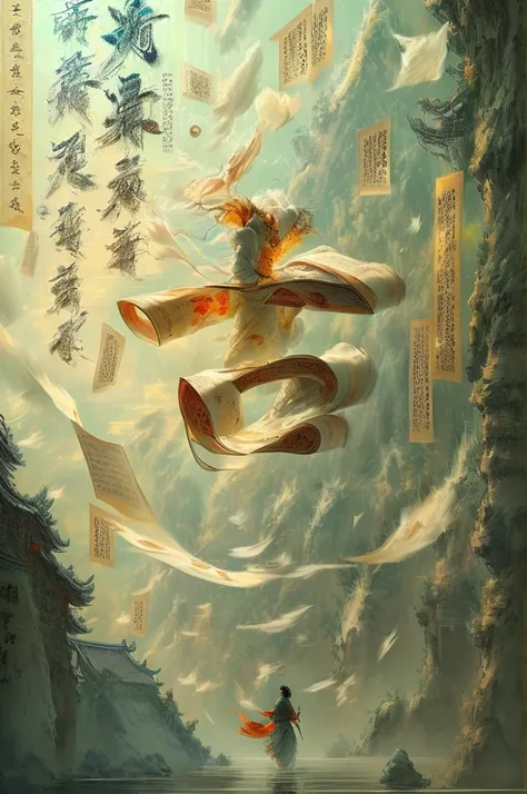 Chinese ancient books,pages,paper,chinese text,water,wind,masterpiece,masterpiece,long sleeves swaying in the wind,cinematic light,detailed environment,xuer calligraphy,luminous traces,(clean background:1.3),gold,low contrast,poster illustrations,
best qua...