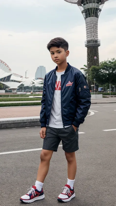 A boy 14 years old, short hair, wear jacket & sneakers at Singapore lamdmark