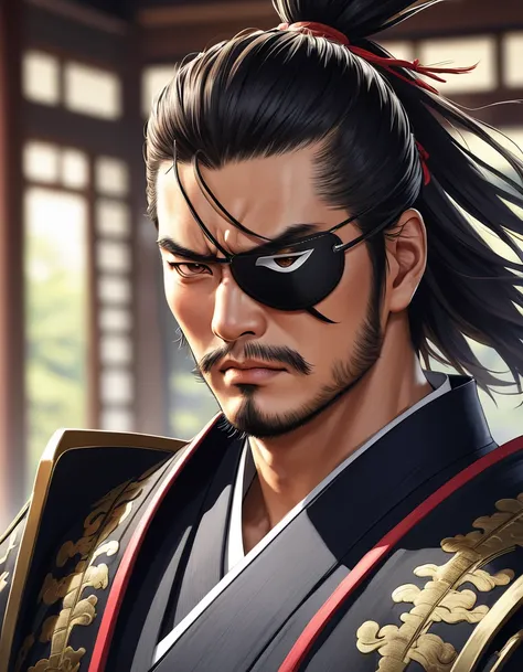 One-eyed samurai, eyepatch, glare,