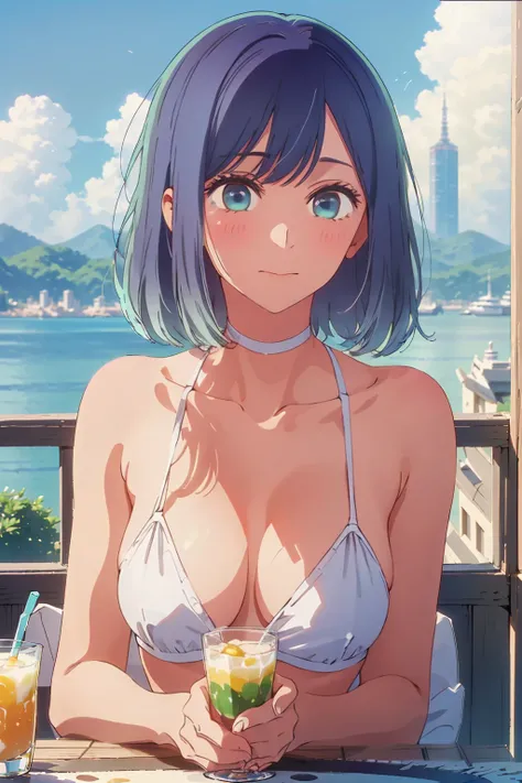 Highest quality,8k,detailed,F cup bust、Big Breasts、Very cute face、Slim and beautiful arms、Slim body、((((1 person、looking at the camera、smile、Very white beautiful skin、Thin white bikini、smile、sit、In the background are the skyscrapers of Tokyo city、Outdoor c...