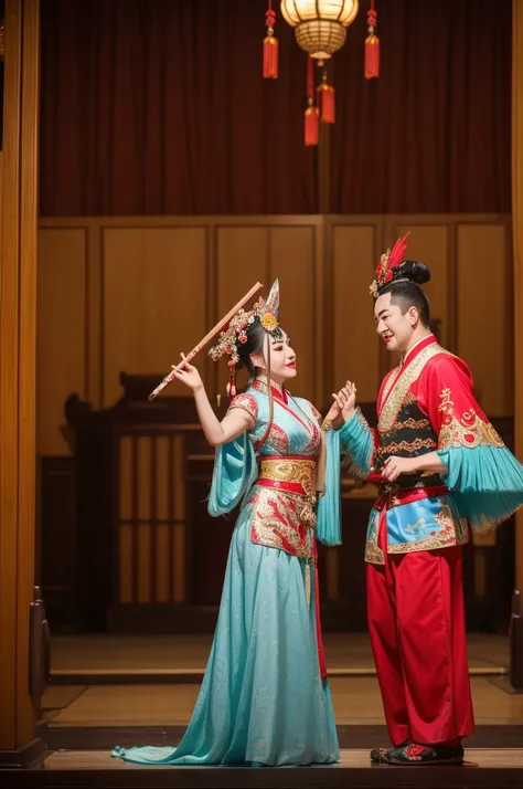 There are two people in Peking Opera costumes singing Peking Opera on the stage of a retro and shabby little temple.