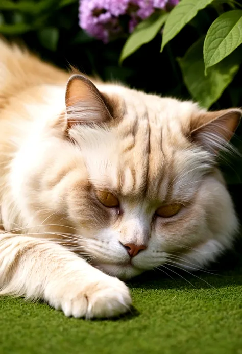 Golden ragdoll sleeping in the garden