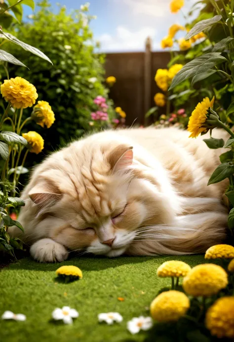 Golden ragdoll sleeping in the garden