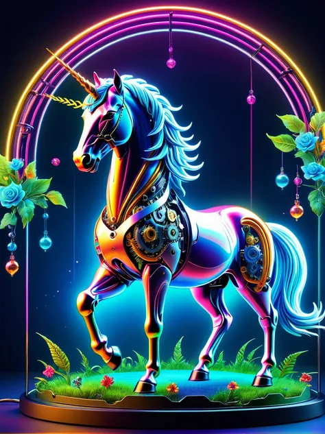 (mechanical neon unicorn:1.5)，mystery生物 , (mystery的霓虹机器), (mechanobiology)，glowing neon lights，mystery，phantom，transparent，biolu...