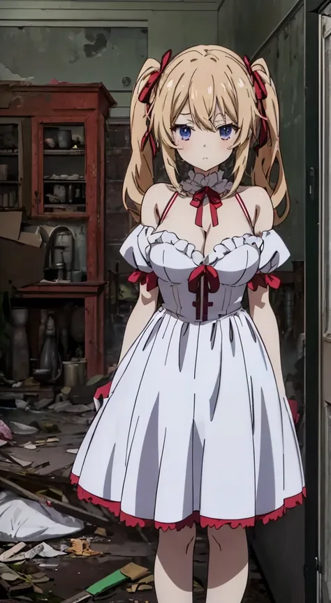 masterpiece, highest quality, (anime screencap:1.3),(shape), cute,(simple:1), (anime:1.2),Solo Sharp Focus, 1 girl, cleavage,looking at the viewer, Japan,nighttime,gold hair,((mini skirt)),Are standing, twin tails,summer ,((White Gothic Costume)),red ribbo...