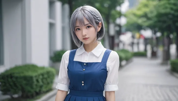 ((16 nights of divorce)), ((Oriental Project)), Cosplay, 20-year-old woman, (((Gray Hair)), ((Medium Spiky Hair)), ((Blue maid outfit)), ((White blouse)), Center of chest, (Light)))), (Pause))), (Photorealistic photography: 1.3), rim Lighting, (Skin with a...