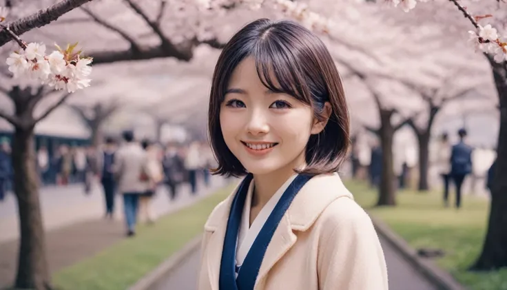 Retro Photography, 1960s , Agfa, Kodak, One girl,  Portraiture, Looking_in_Audience,  smile,  Japan, Tokyo, Cherry Blossom,  Octane Rendering,  一人in, rtrophto1