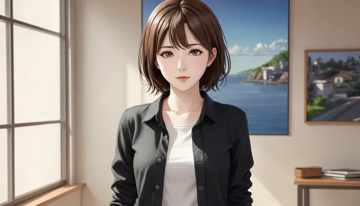 Female anime character wearing a black long sleeve shirt and blue jeans, Short brown hair, Neck length, Green Eyes, Tomer Hanukah inspired digital painting, Topics on pixiv, Sequential Art, Close up of intense gesture style, Full body details, Wear casual ...