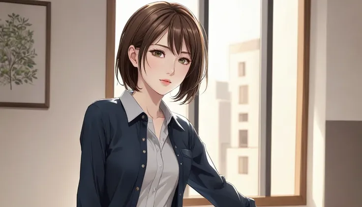 Female anime character wearing a black long sleeve shirt and blue jeans, Short brown hair, Neck length, Green Eyes, Tomer Hanukah inspired digital painting, Topics on pixiv, Sequential Art, Close up of intense gesture style, Full body details, Wear casual ...