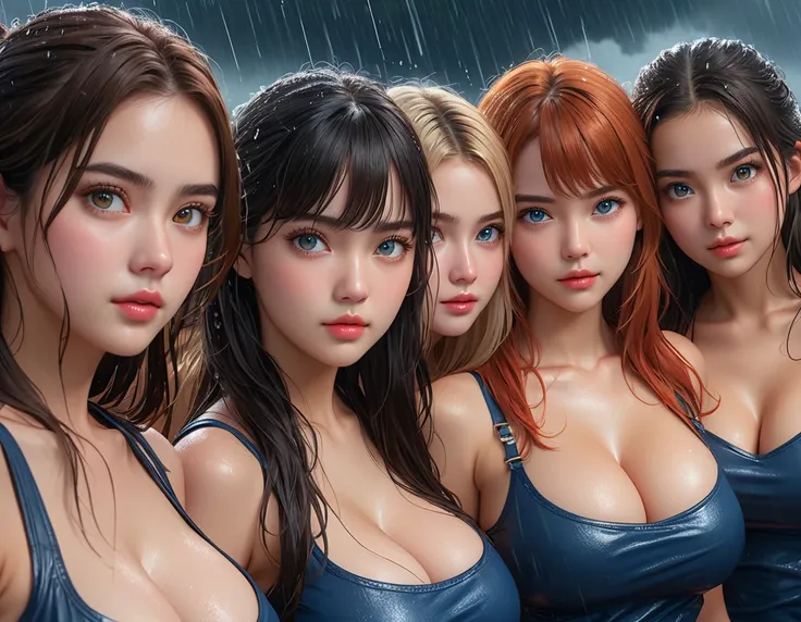 Highest quality, Super detailed, (Ultra-high resolution,8K), Ultra-high definition 4K, (5 cute girls), (Beautiful Eyes), (High-quality facial beauty), (In the Storm:1.2), (Photorealistic), (Detailed big breasts), Soft Skin, Glowing Skin, (Women&#39;s night...