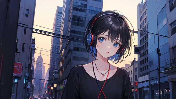 Black short Hair, Black Clothing, One Adult Woman Looking Sideways ,Blue headphones、 City of night, Delicate background、Masterpiece、Night Town、night、dark