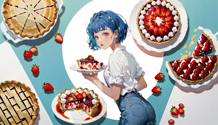 (((paper cutting style))), 1 girl, blue hair, curry short hair, portfolio, shirts, denim, strawberry pie