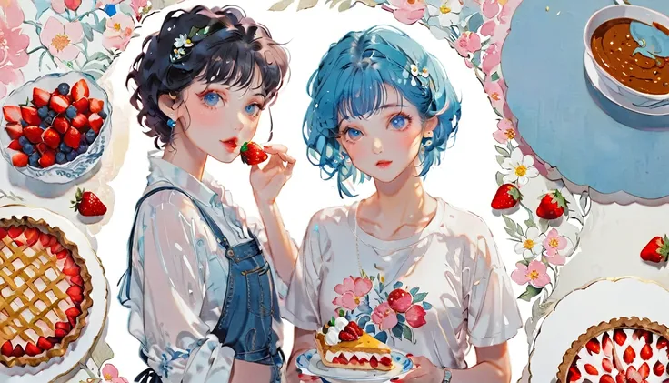 (((paper cutting style))), 1 girl, blue hair, curry short hair, portfolio, shirts, denim, strawberry pie