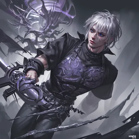 a muscular tall boy, extremely handsome with silver/white wolfcut/mullet hair, wearing black "jnco jeans" extra baggy pants, holding a huge purple demonic scythe, wearing a black all star, a nirvana shirt, ice blue eyes, (best quality,4k,8k,highres,masterp...