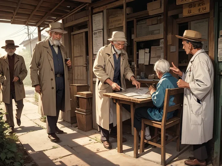 an old man visits the doctor in village in 1975