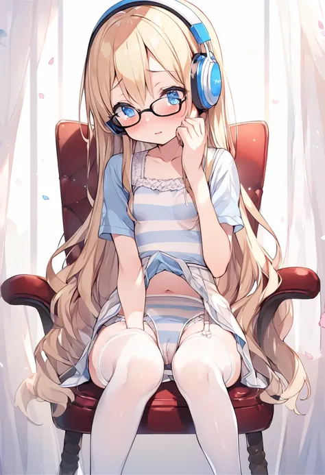 (Rear insertion position, ), Blonde hair and blue eyes, Long Hair, Cute Hips, , ,(Cotton shirt、、Striped Lingerie、White garter stockings、Headphones、Glasses), (Sit on a chair), legs apart、sobbing、hand_on_own_face、nsfw、BREAK Perfect Anatomy、Highest quality、(c...