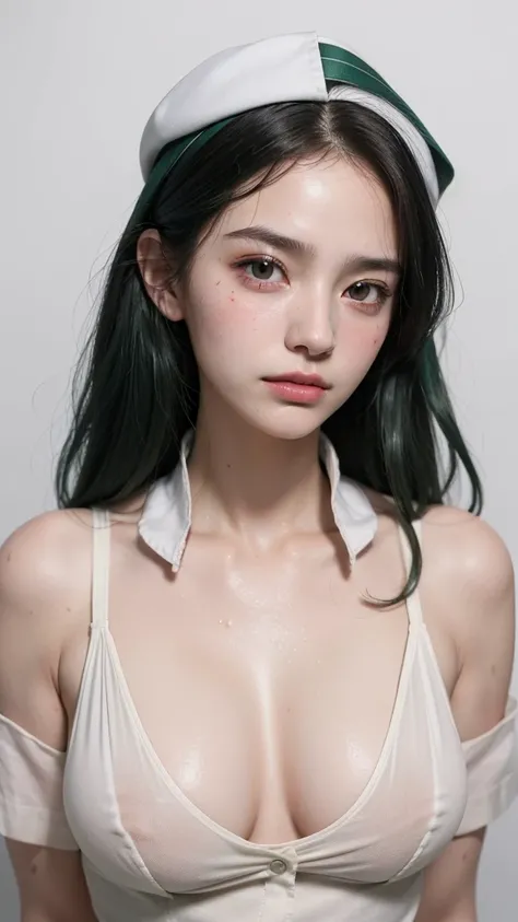 best quality, masterpiece, (lifelike:1.4), 1 17 year old girl, A faint smile, Dark green hair，White nurse uniform，Nipple protrusion，Wet，A lot of sweat，Marks，blushed skin，/Upscale，Height 175cm，Natural beautiful face，slim body，Pure white background，Fair and ...