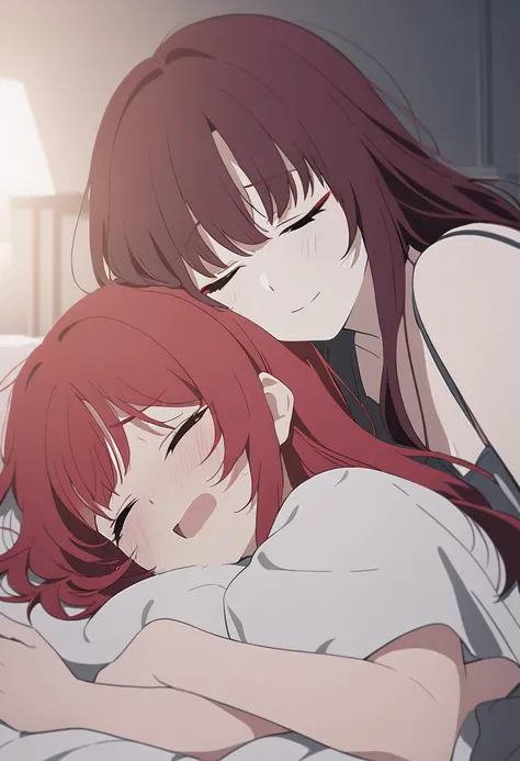 young woman, 21 years old, lying in bed, gray sad tones, the pain of parting, Red hair, only in branded underwear, her friend hugs her, girlfriend smiling, eyes closed, strokes the cheeks.