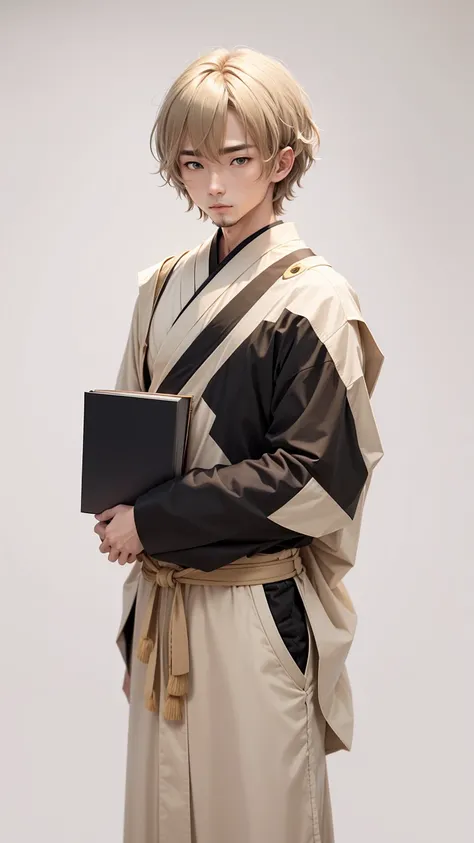 japanes,male people,24 year old,baby-face,Green eyes,Beige hair,loose wavy hair,short-hair,crossed bangs,Komono,Black Hakama,white  clothes,firm shoulders,shoulder width 5 meters,Holding a book in hand